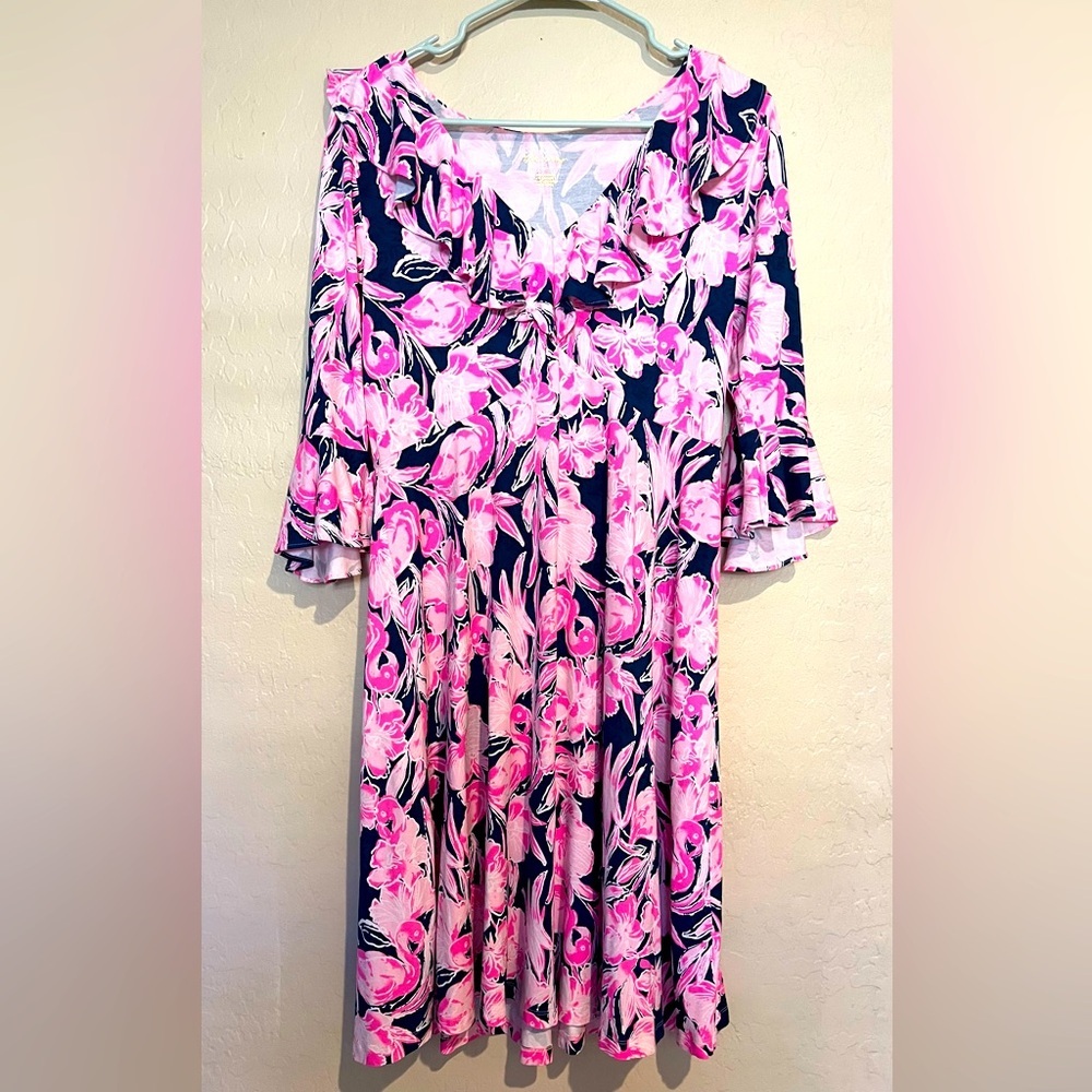 Lilly Pulitzer Navy with Pink Floral Ruffle-Trim Long Sleeve Dress